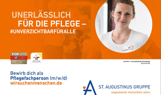 "Unerlässlich für die Pflege - unverzichtbar" auf orangem Hintergrund. In einem Kreis ist eine junge Pflegerin zu sehen. 