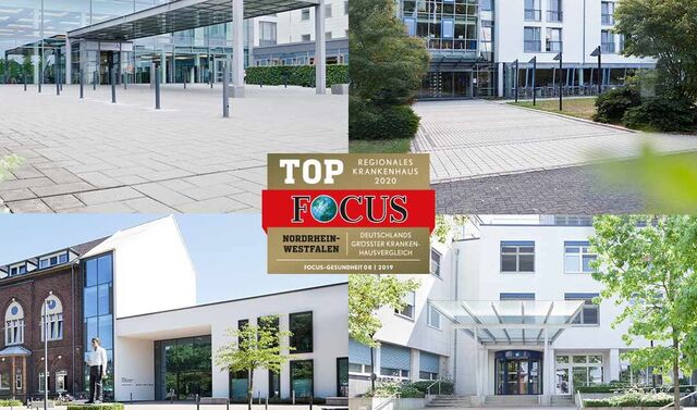 Gebäudeansichten des Johanna Etienne Krankenhauses, der Niederrhein Klinik, des Krankenhauses Neuwerk und des Alexius/Josef Krankenhauses. Mittig darüber gesetzt das Focus Siegel für Top Krankenhäuser.