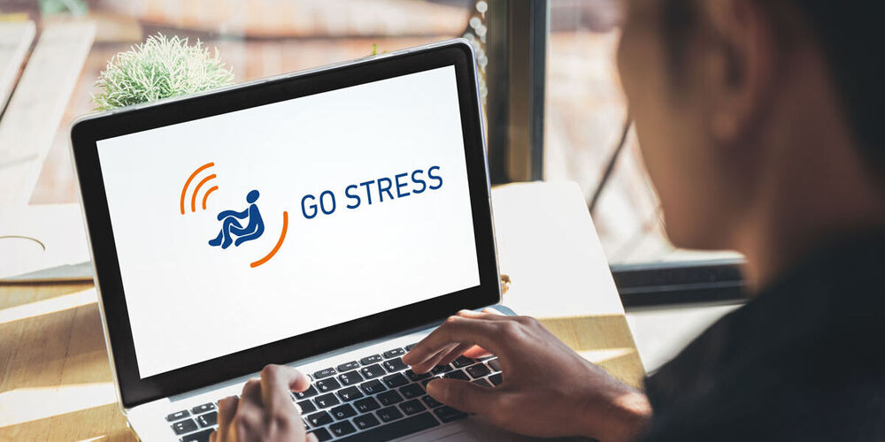 Ein Mann sitzt an einem Laptop vor einer Fensterscheibe und tippt etwas auf seiner Tastatur. Aus dem Bildschirm des Laptops steht: Go Stress.